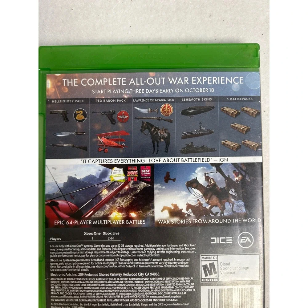 WWI FPS Battlefield 1 Early Enlister Deluxe‎ Edition Xbox One Green Case Shooter